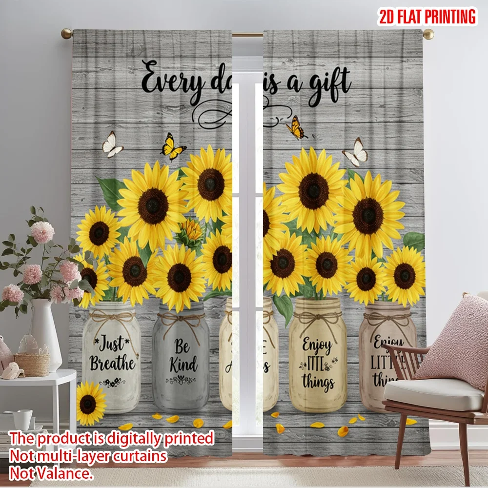 

2pcs 2D flat printing Window Curtains Sunflowers Mason Jars Butterflies Polyester Without Electricity All Season Party & Holiday