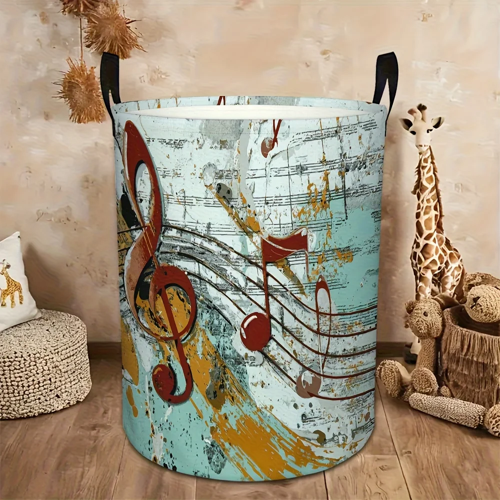 

Printing Music Note Print Circular Laundry Basket Polyester Storage Basket with Handle Ideal for Home Kitchen and Closet
