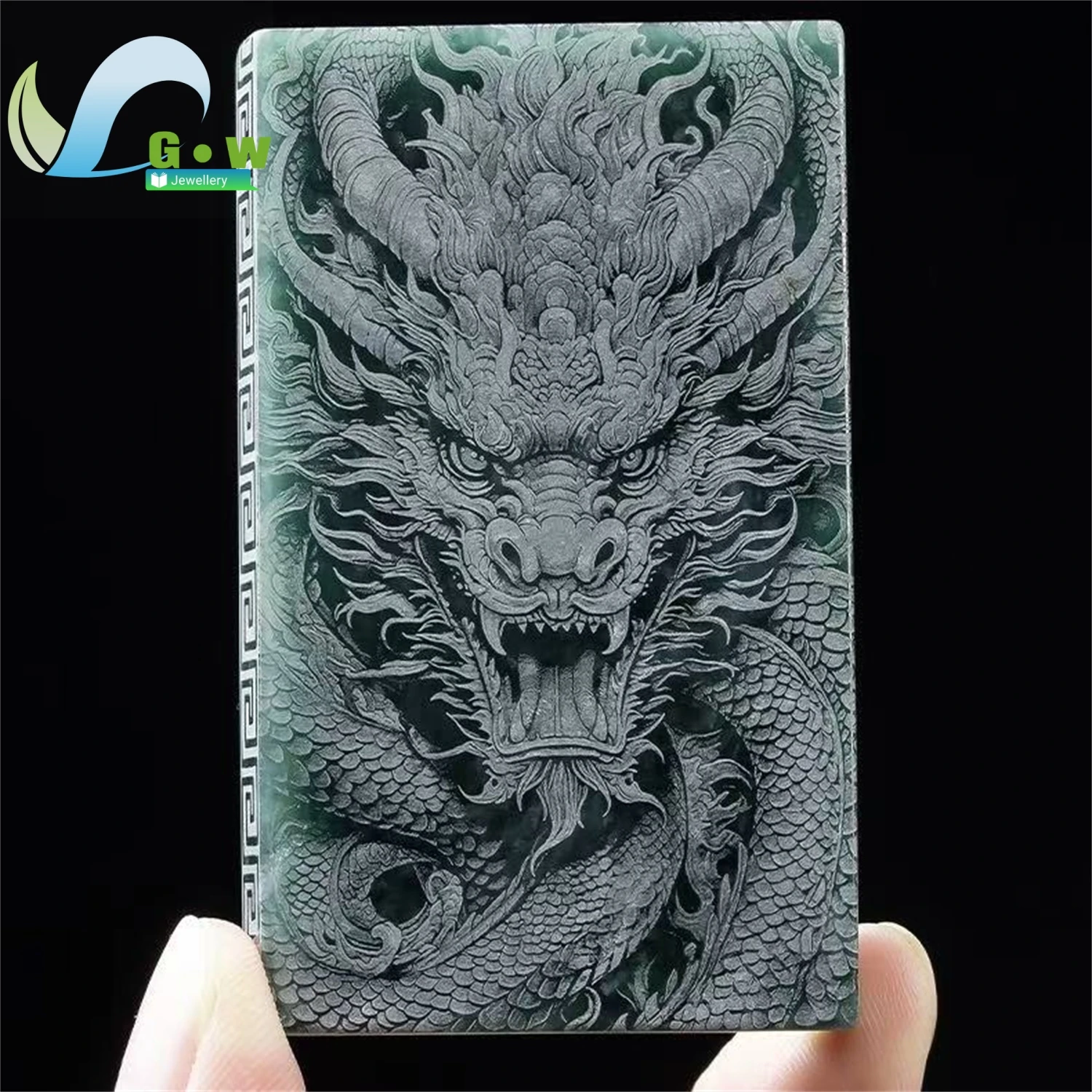 Natural Grade A Jadeite Blue Water Double Side Shadow Carved Great Wall Dragon High Ice Plaque Pendant Unisex Men Women