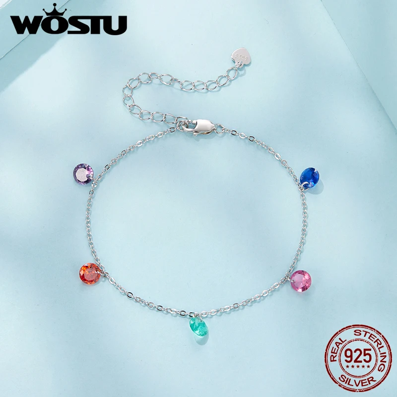 

WOSTU Real 925 Sterling Silver Colorful Crystal Tassel Bracelet, Adjustable Chain Links Holiday Jewelry Gift for Girls Family
