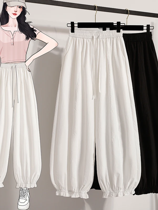 กางเกงขายาวผ้าไหมน้ำแข็งลายดอกไม้ทรงหลวมสบายๆ สำหรับผู้หญิงไซส์ใหญ่ รุ่นใหม่ประจำฤดูร้อนปี 2025