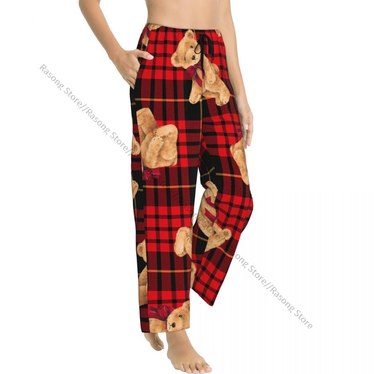 

Фланелевые пижамные штаны в клетку с забавным медведем для женщин, мягкие теплые штаны для сна с эластичным поясом