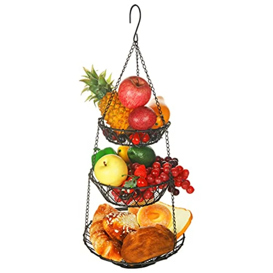 3 Tier Hanging Basket with Sturdy Metal Chain Hanging Hooks Fruit and Vegetable Basket Heavy Duty Wire Organizer Space Saving R