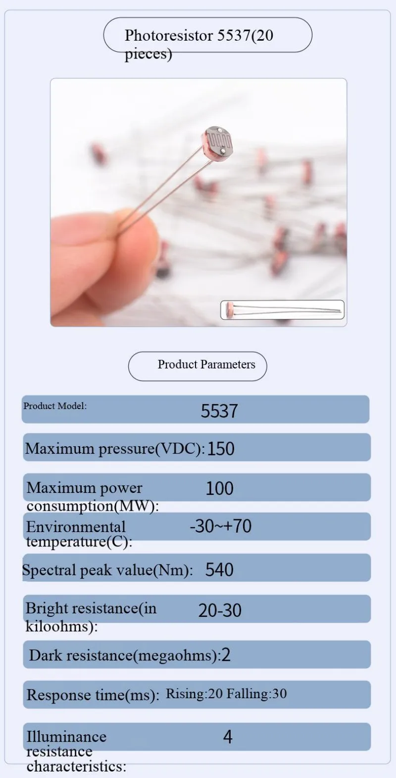 Mindestbestellmenge 10 Stück. Lichtempfindlicher Widerstand 5MM fotoelektrisches Detektorelement Sensor 5506/5516/5528/5537/5539/5549 – Detail 9