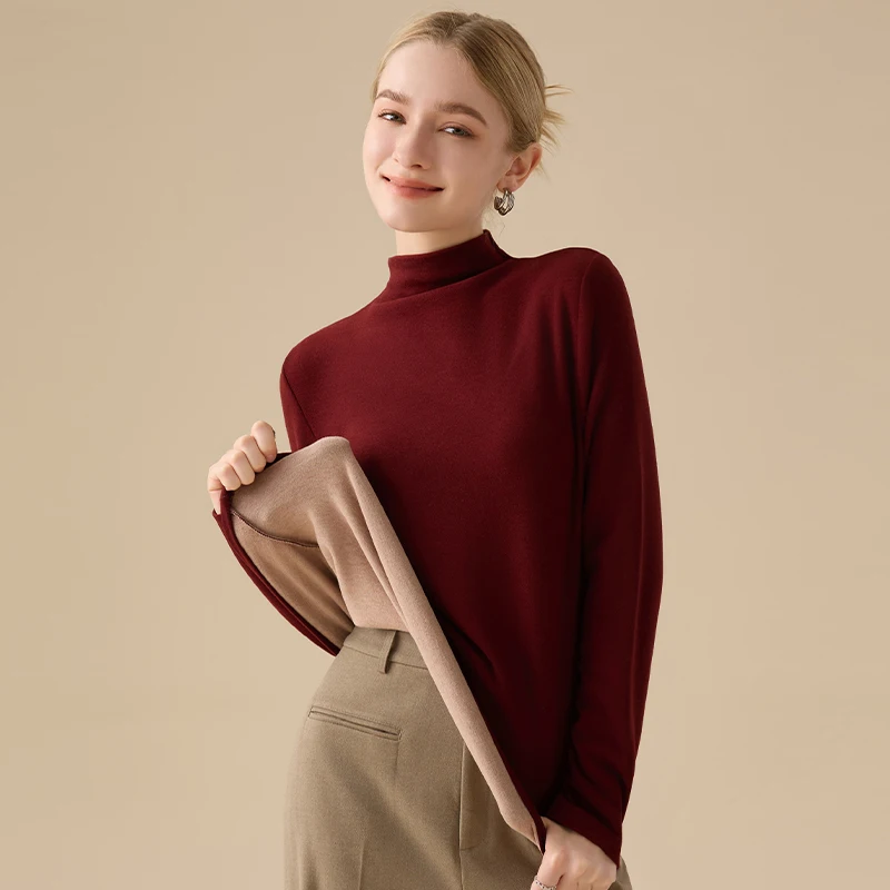 Women's Mock Neck Wool Base Top, 2026 New Autumn Winter, Silk Fleece‑Lined Thick Deru Fleece Heat‑Generating Thermal Inner Wear