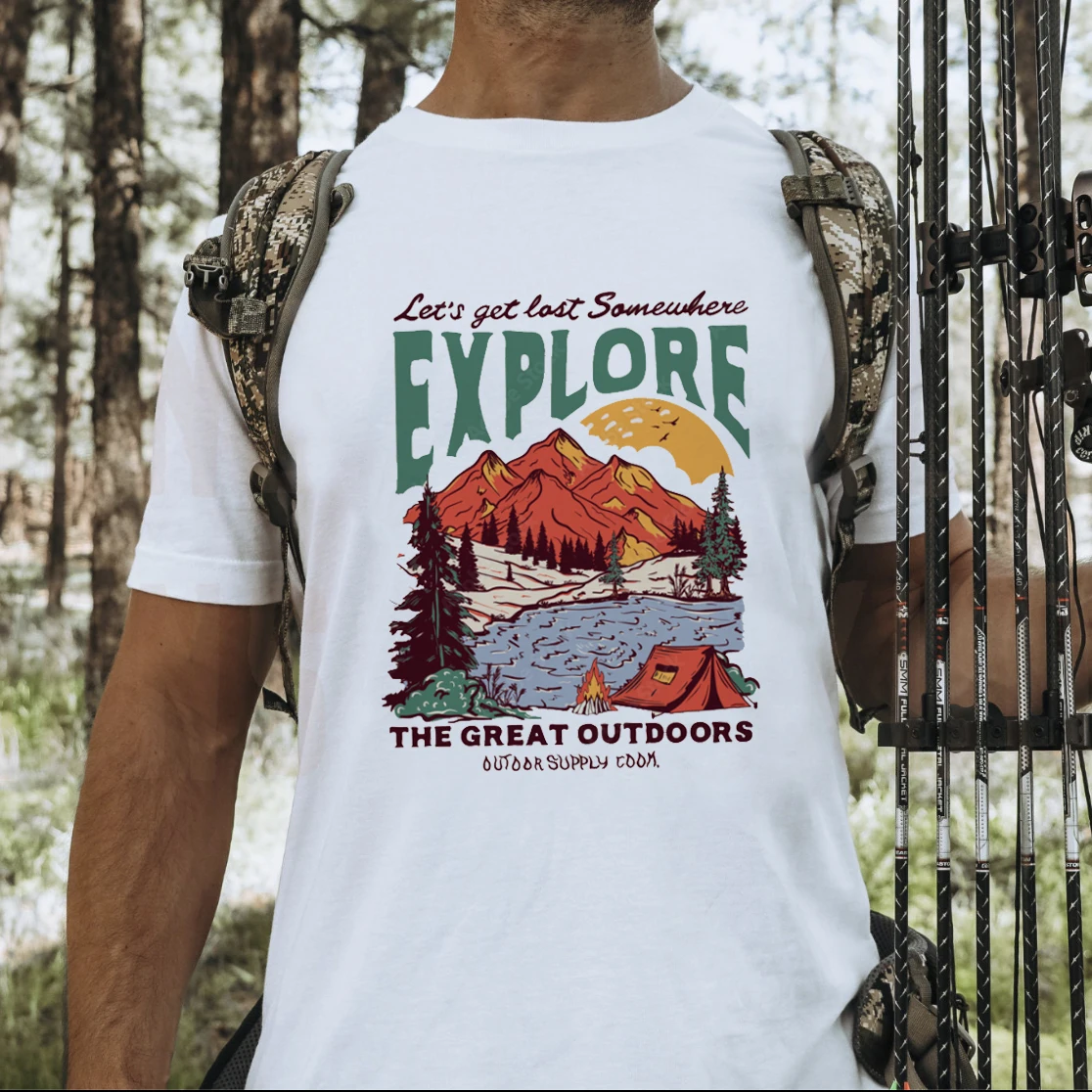 T-shirt Retro Casual Versatile Printed Fashion Simple Men\'s Summer Camping T-shirt Pattern Cotton T-shirt Short Sleeve T-shirt.