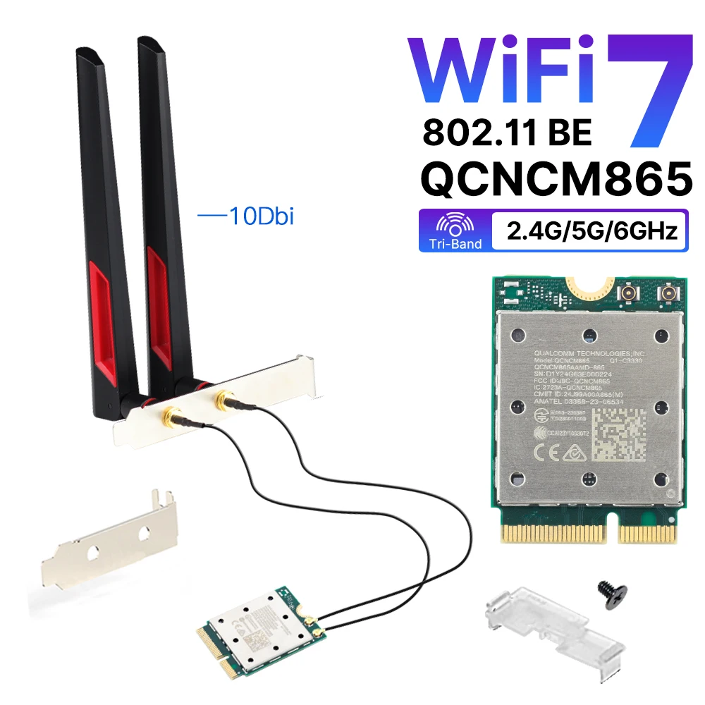 WiFi7 QCNCM865 Wireless 2.4Gbps Tri Band WiF Bluetooth 5.3 Wireless Wi-Fi 6E For 802.11BE M.2 NGFF Wlan WiFi Card Only For Win11