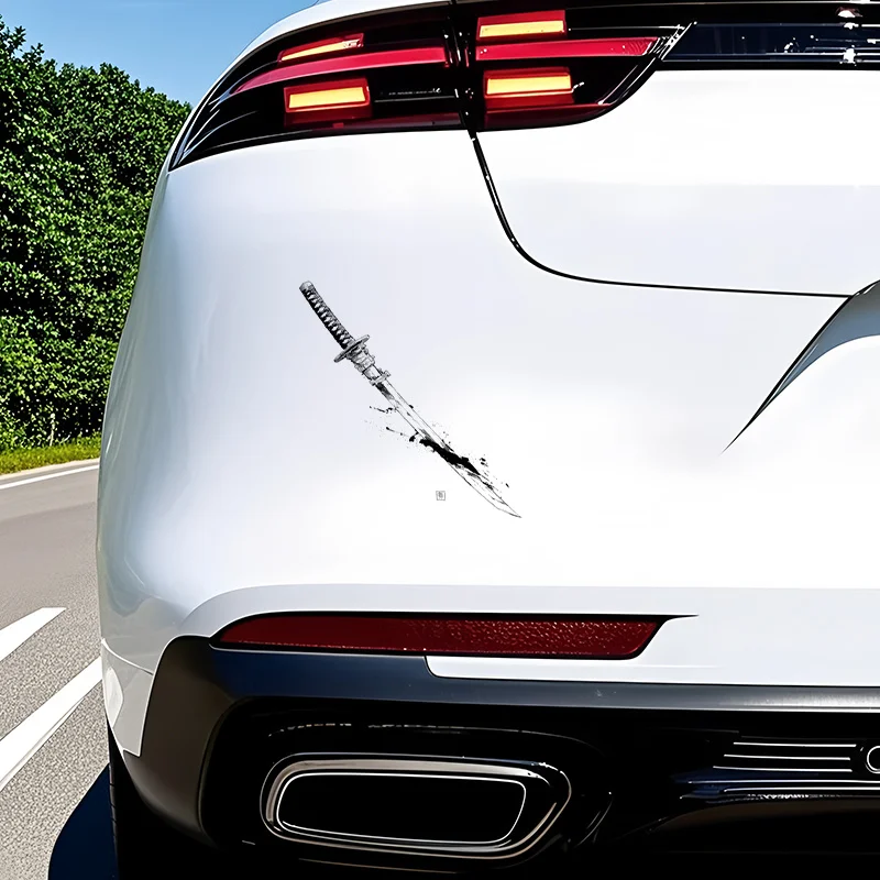 2D Flat 15cm Ink Splash Samurai Katana Removable Vinyl Sticker For Car Motorcycle Truck Glass Wall Decor
