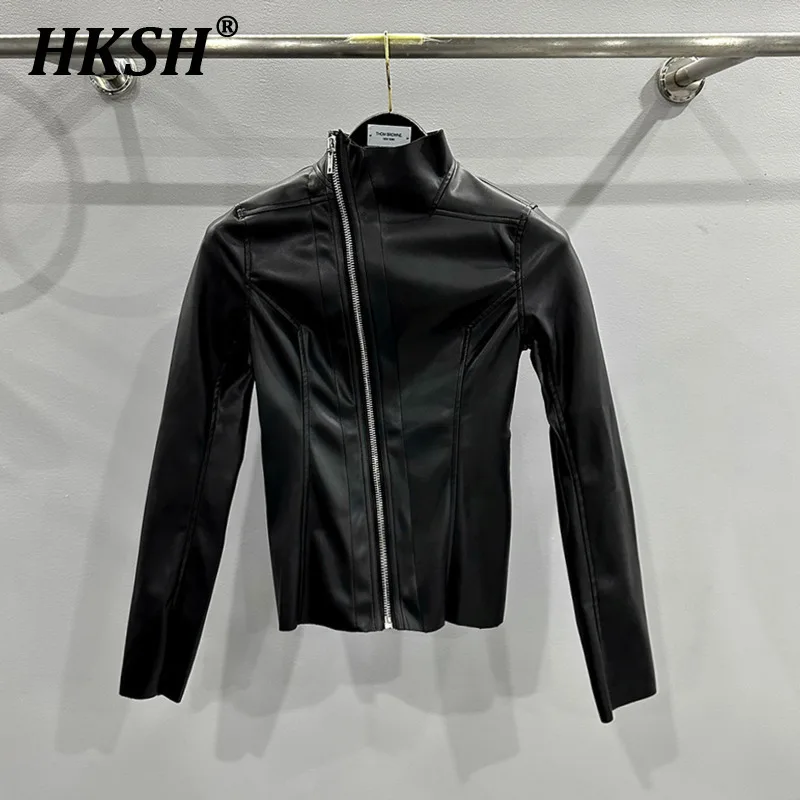 

HKSH Women's Streetwear RO Style Spring Summer New PU Leather Coat Slimming Thin Slant Zipper Turtleneck Jackets Dark Top H2516