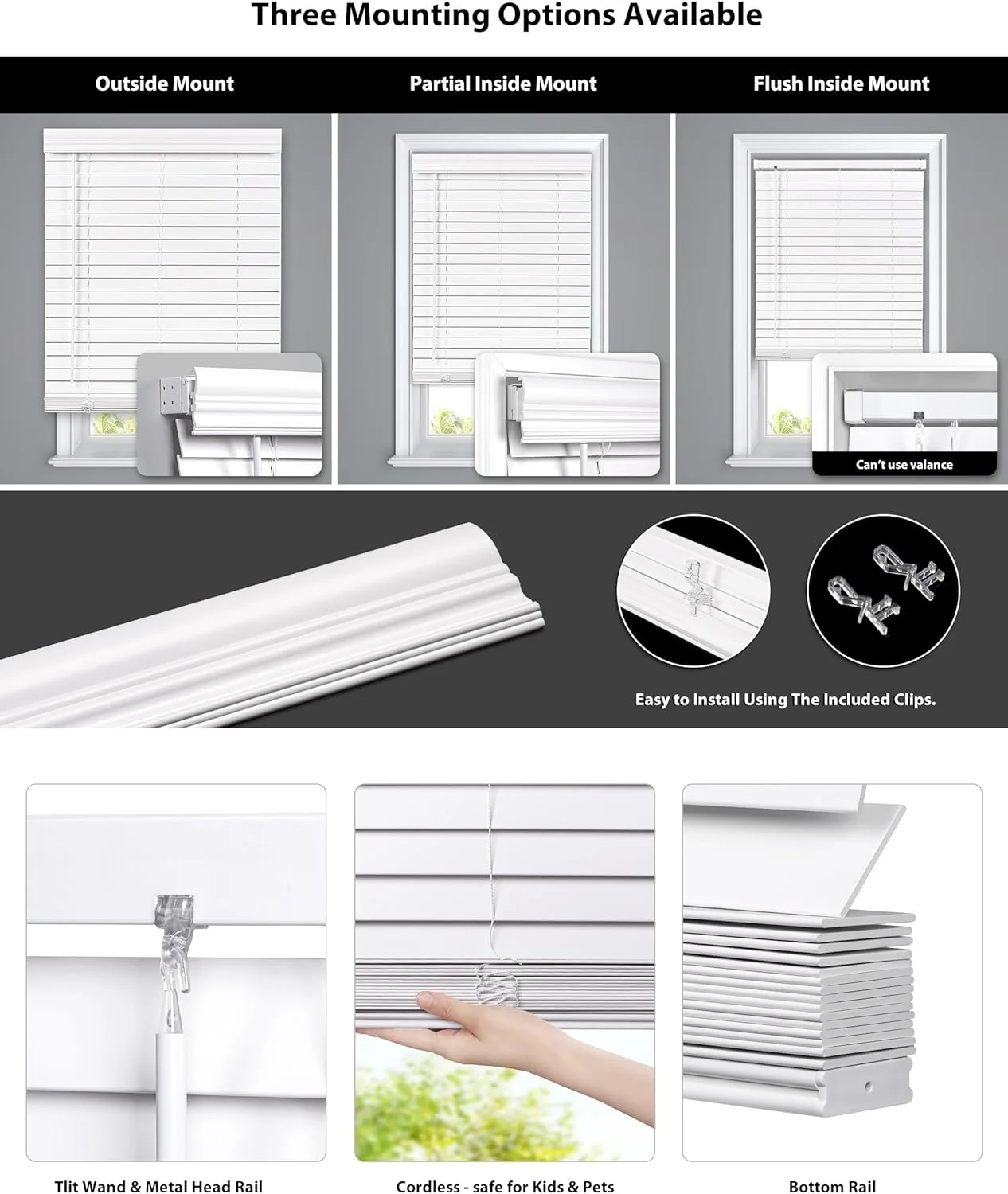 Cordless Modern Faux Wood Horizontal Window Blinds Room Darkening Built-In Mount Custom Size For Home Office Villa