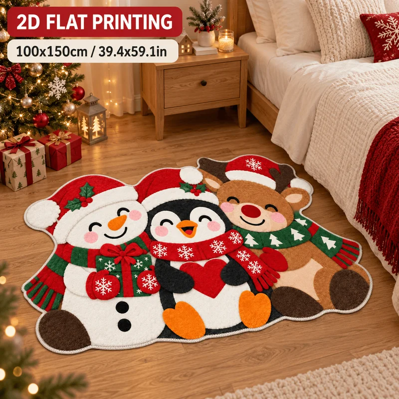 VIKAMA Christmas Snowman, Penguin, and Reindeer Rug—Non-slip, Odd-Shaped Rug; Indoor and Outdoor Entryway Mat; Home Decor