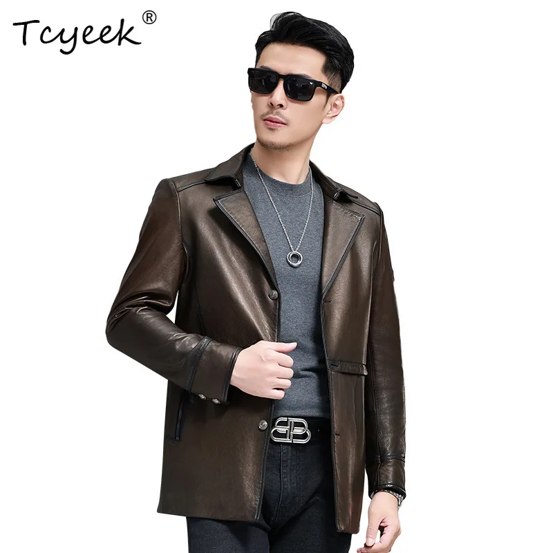 

Tcyeek Sheepskin Spring Autumn High End Trendy Mid Length Suit Collar Men Genuine Leather Jacket Jaqueta De Couro Masculina 자켓
