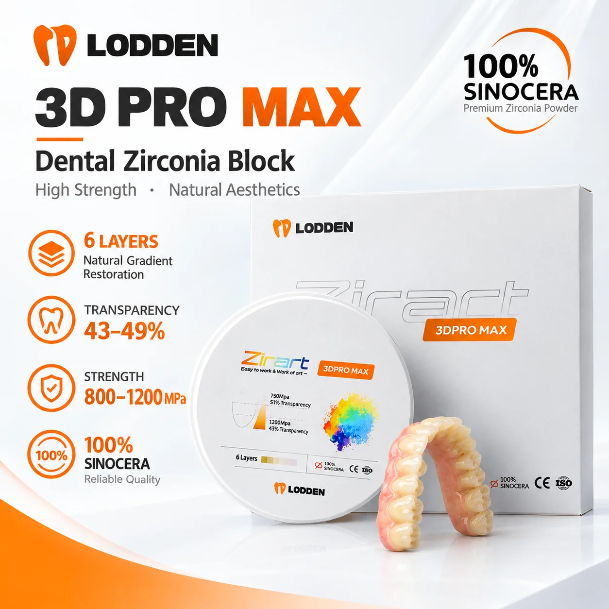 Lodden 3D Pro Max Dental Zirconia Block Multilayer CAD CAM Open System 98x10-25mm High Strength Dental Lab Material