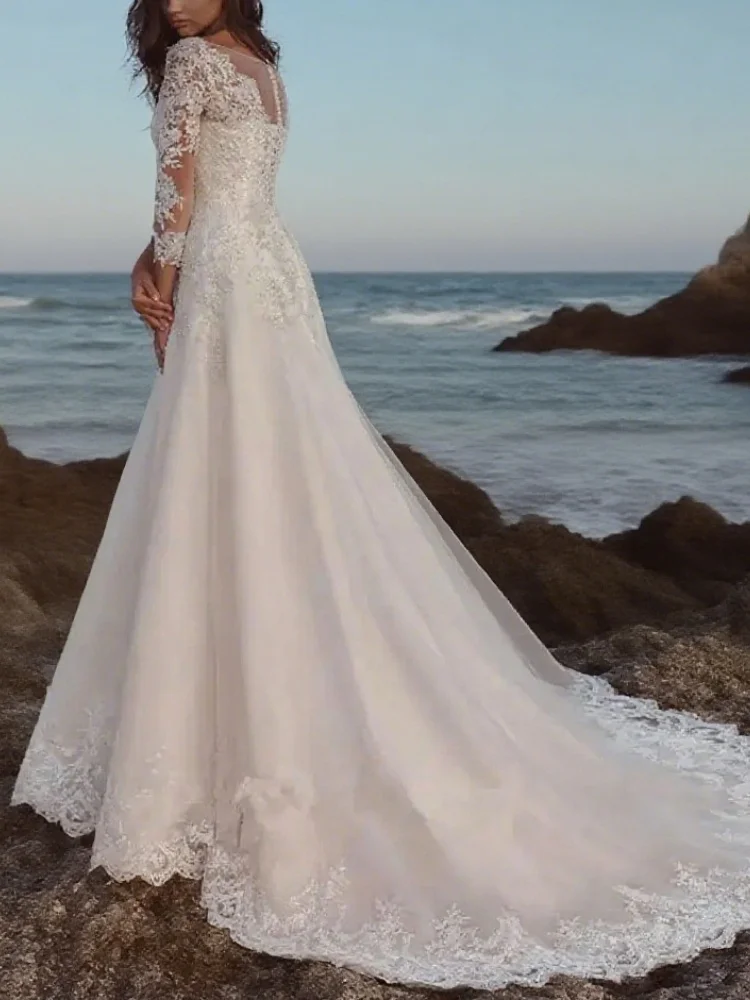 Robe de mariée longue en Tulle, manches 3/4, col en V, avec des Appliques en dentelle, ligne A, personnalisée pour femmes ﻿