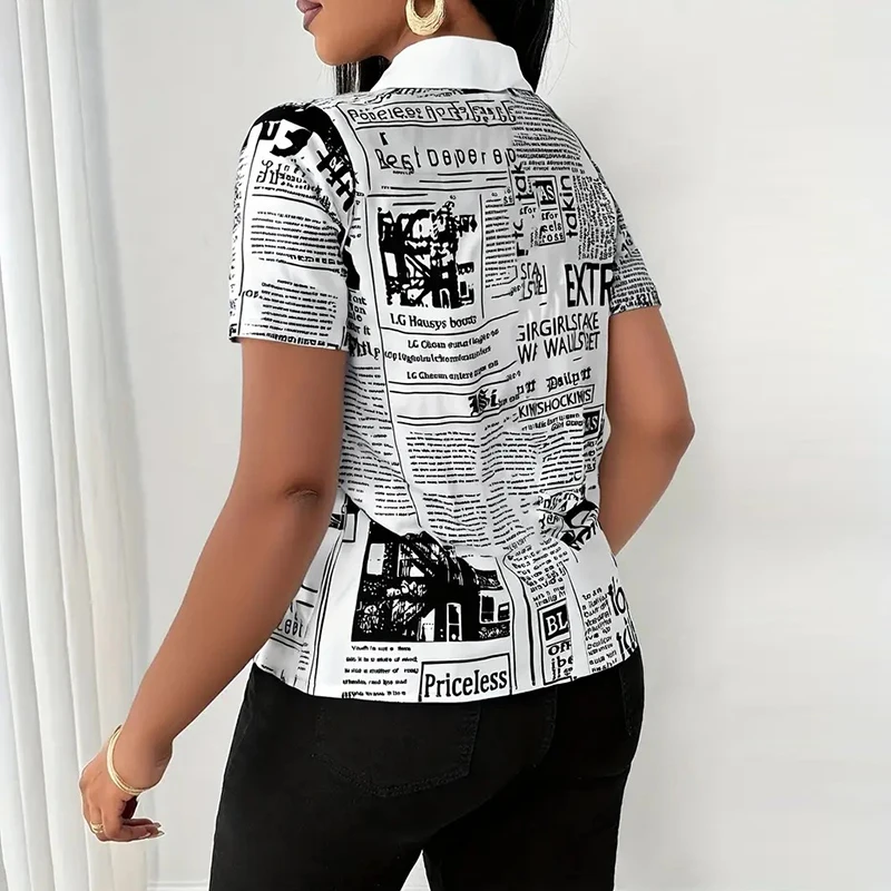 夏のファッションボタンスリムフィットシャツ女性エレガントな半袖シングルブレストレタープリントブラウス女性のためのトップス