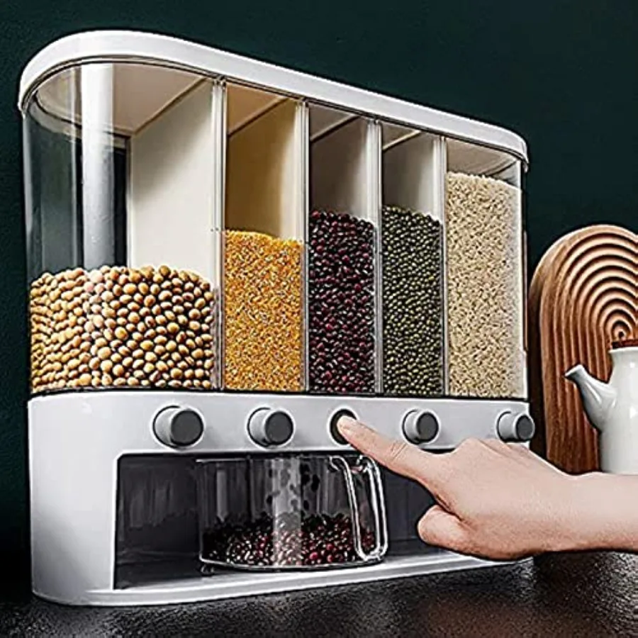 

Dry Food DispenserWall mounted 5 Grid Cereal Dispenser Rice dispenser 25 pounds Kitchen Storage with Measuring Cup