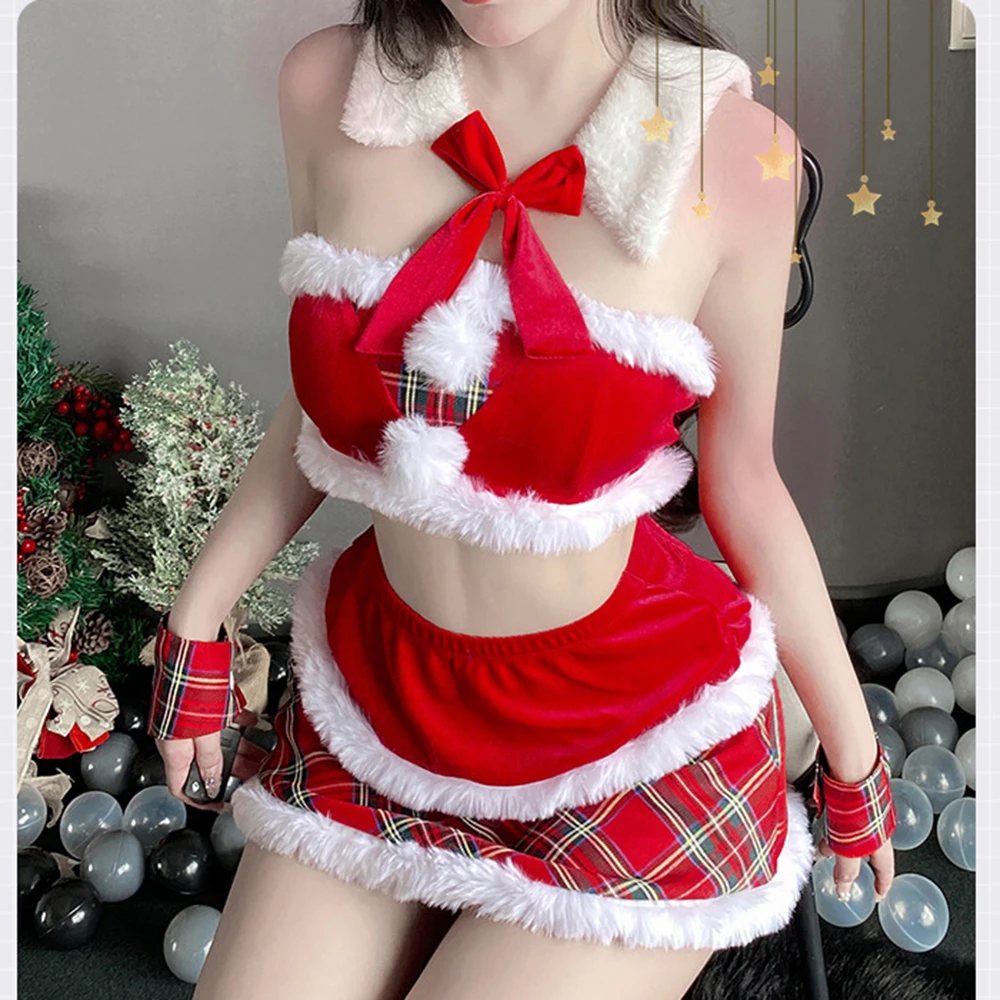 Kerst Nieuwjaar Nepbont Rand Sweet Xmas Party Kostuum Elanden Hoofdband + Bontkraag + Tube Top + Geruite Rok Santa Cosplay Pak