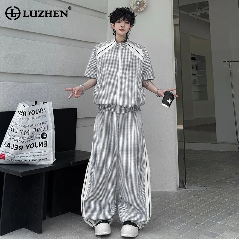 LUZHEN Plaid 2026 Summer Printed Color Contrast Short Design Sleeve Zipper Shirts Men's Loose Casual Pants Two-piece Sets JY8498