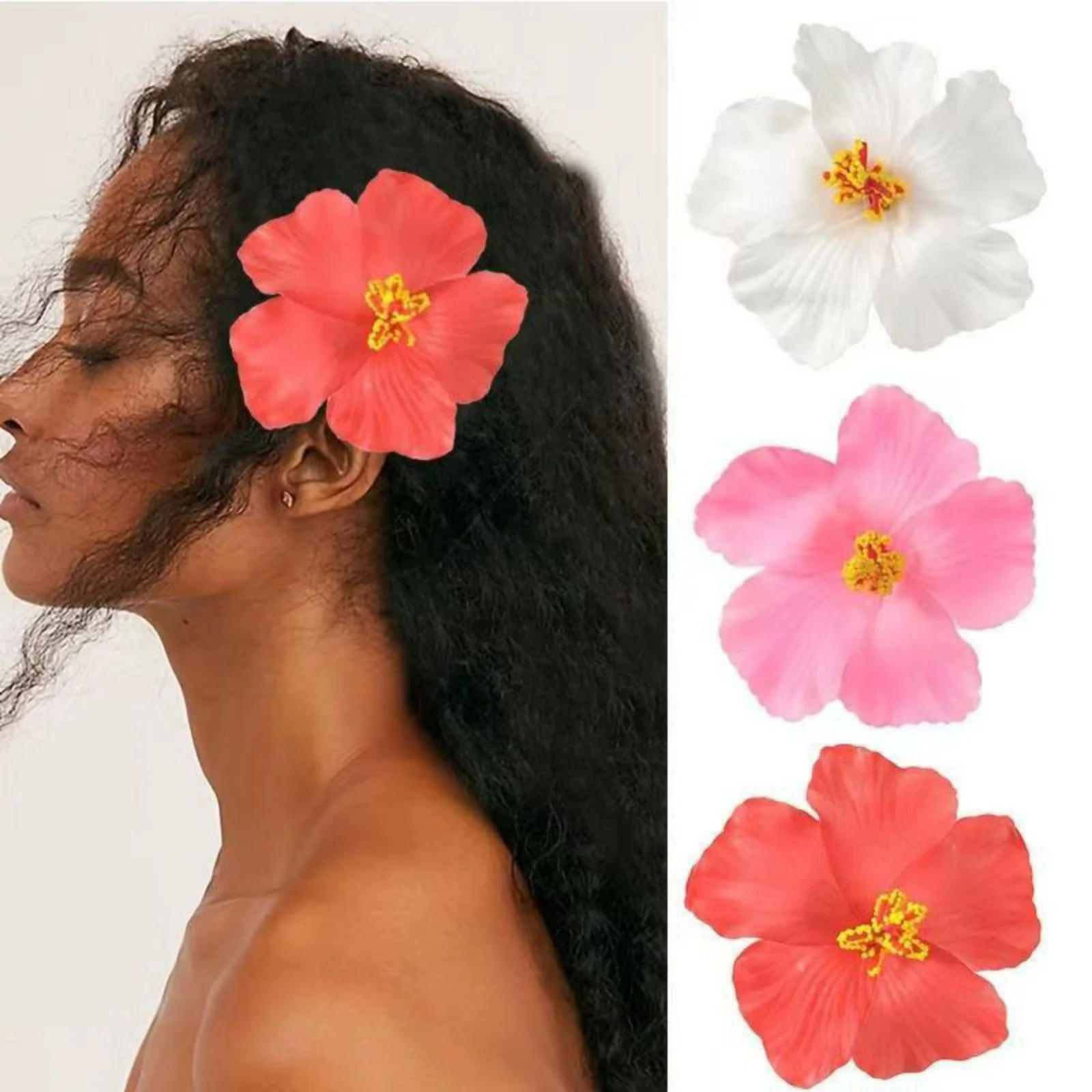 1 pieza de pinzas para el cabello de flor de hibisco, blanco, naranja y rojo, accesorios para el cabello tropicales para looks de playa y verano