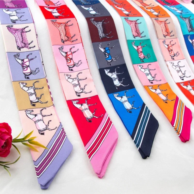 Luxury Silk Skinny Scarf 2021 Fashion Bag Handle Ribbon Ladies Horse Print Headband Small Hair Scarves Band Female