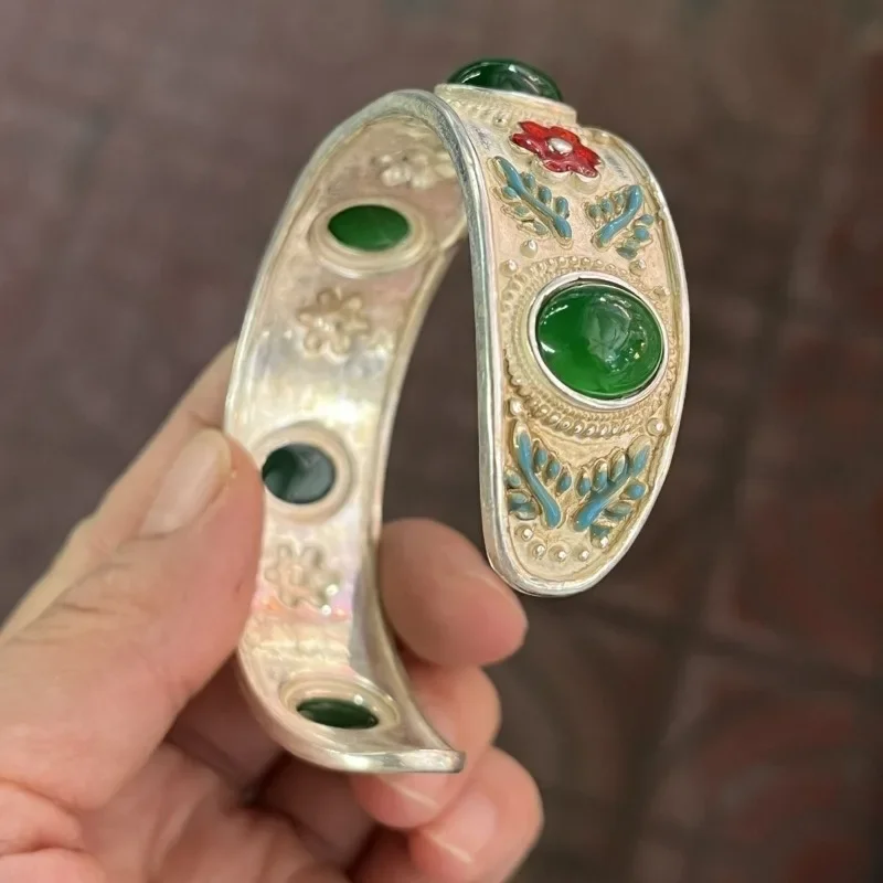 Vintage Ethnic Old Silver Gilt Cloisonne Open Bangle, Filigree Inlaid Red & Green Gemstone, Unisex Retro Wrist Cuff Jewelry