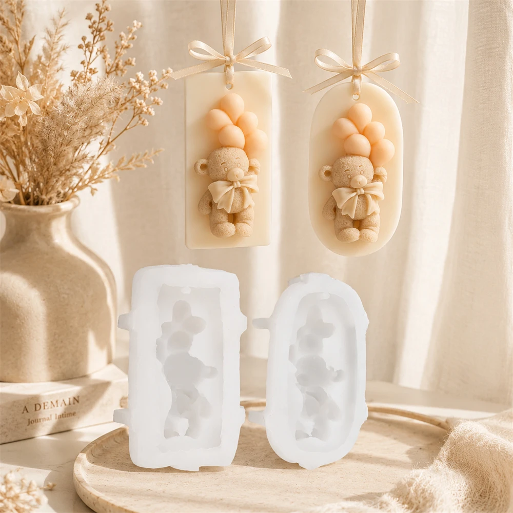 3D Teddy Bear Balloon Candle Mold Silicone Hanging Wax Tablet Mold DIY Aromatherapy Pendant Making Supplies Birthday Gift Decor view 4