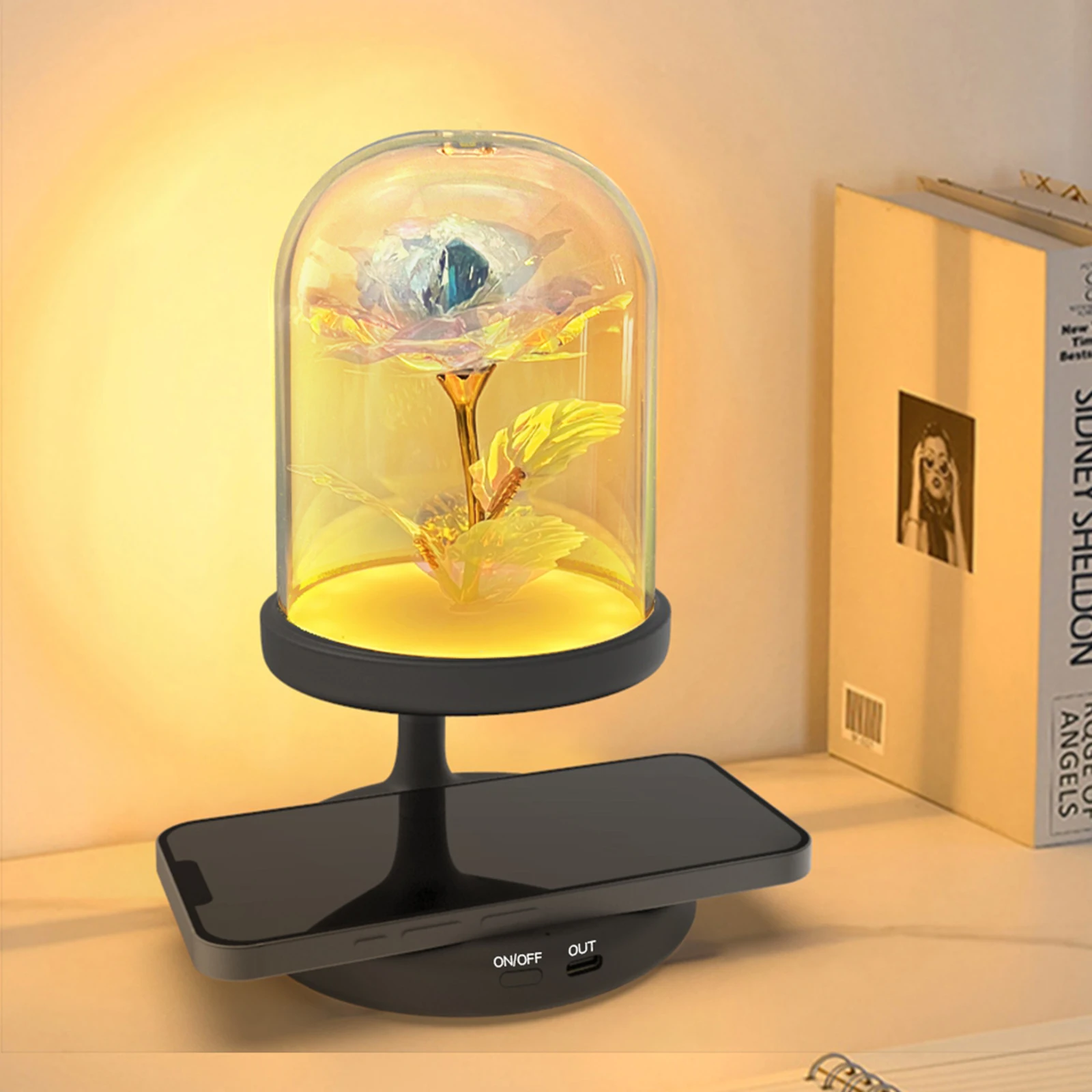 Small Table Lamp Charger Perfect Gift 2 Colors Mobile Phone Symbol Of Love Artificial Rose Lighting Wireless Charging