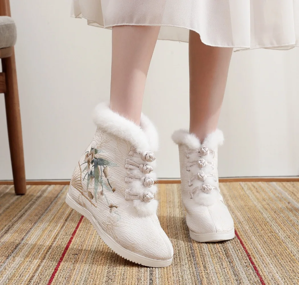 Zapatos bordados de piel sintética cálidos para Mujer, botines étnicos Hanfu, Zapatos de hadas, Botas informales para Mujer, Zapatos para Mujer