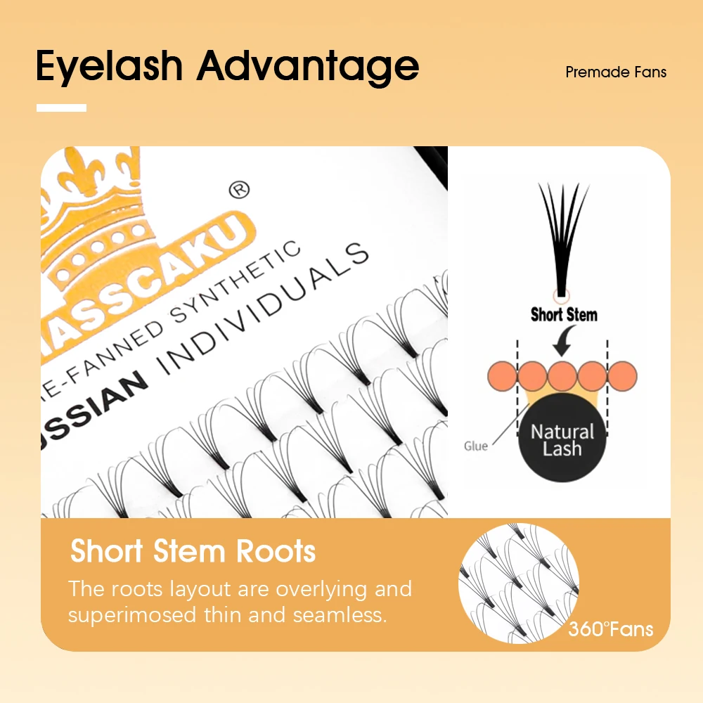 MASSCAKU High Quality 5cases/lot All Size Fluffy Thin Root Lashes 3D/4D/5D/6D/10D Short Stem Premade Volume Fans Eyelash Bundles