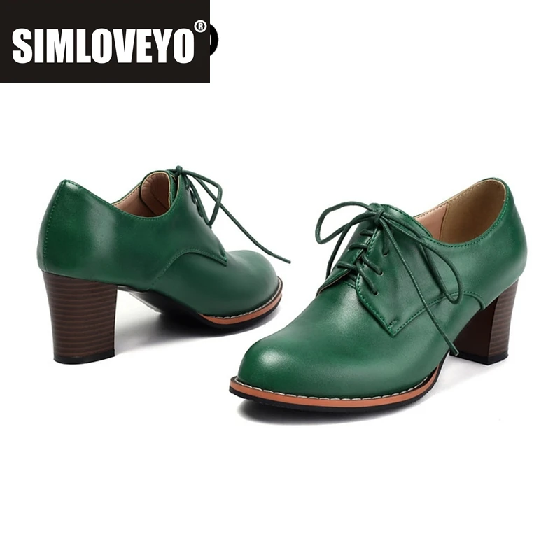 

SIMLOVEYO 2025 Spring Women Pumps Round Toe Chunky Heels 6.5cm Lace Up Strap Large Size 42 43 44 US12 Sweet Shoes Green Black