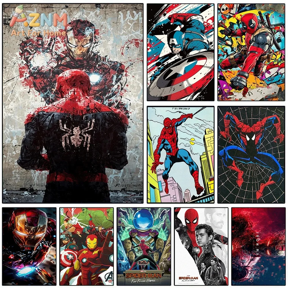 AZNM Spiderman Iron Man Grunge Graffiti Splash Canvas Wall Print, Superhero Back View Vintage Street Comic Texture Graphic Art