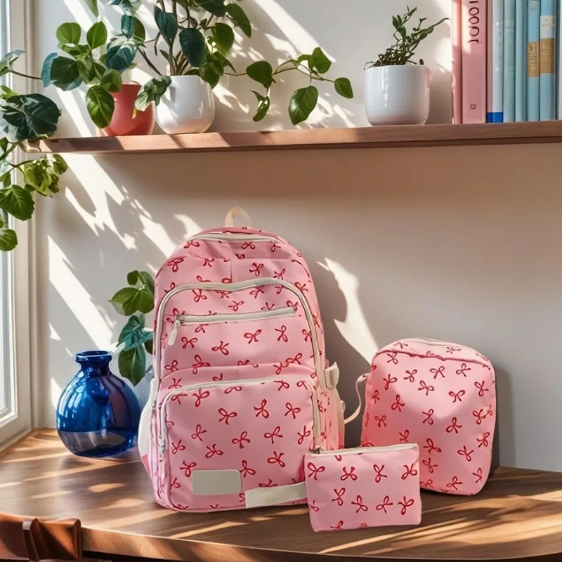 ชุดกระเป๋าเป้สะพายหลังลายโบว์น่ารักสำหรับเด็กผู้หญิง 3 ชิ้น น้ำหนักเบา เรียบง่าย เหมาะสำหรับนักเรียน  กระเป๋าเดินทางใส่โน้ตบุ๊คได้  จุของได้เยอะ