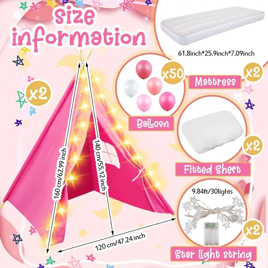 Paquete de 2 tiendas tipi con colchón, sábana ajustable, cuerda ligera, tienda de juegos lavable de algodón Natural para niños y niñas, interior y exterior