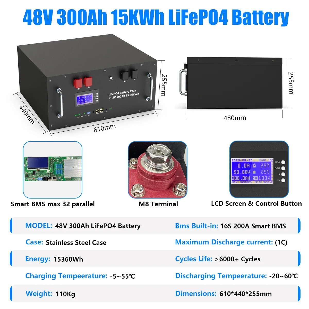 LiFePO4 48V 300AH 15KWH Battery 51.2V 100AH 200AH Lithium Solar Battery 6000+ Cycles With 16S 200A BMS For Inverter  EU Stock