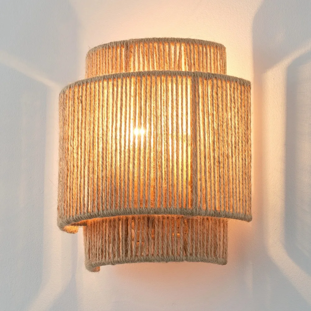 Boho Farmhouse Wall Sconces Natural Twine Hand Knit Wall Lamps Rustic E27 1-Light Hemp Rope Rattan Lampshades Indoor Wall Lights