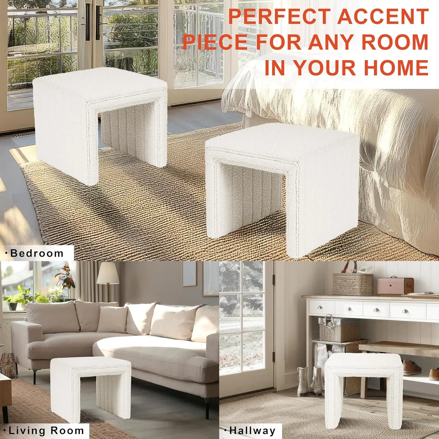 Banqueta otomana moderna tufada creme para sala de estar e quarto - tecido boucle, 18,5x18,5x16,5 polegadas