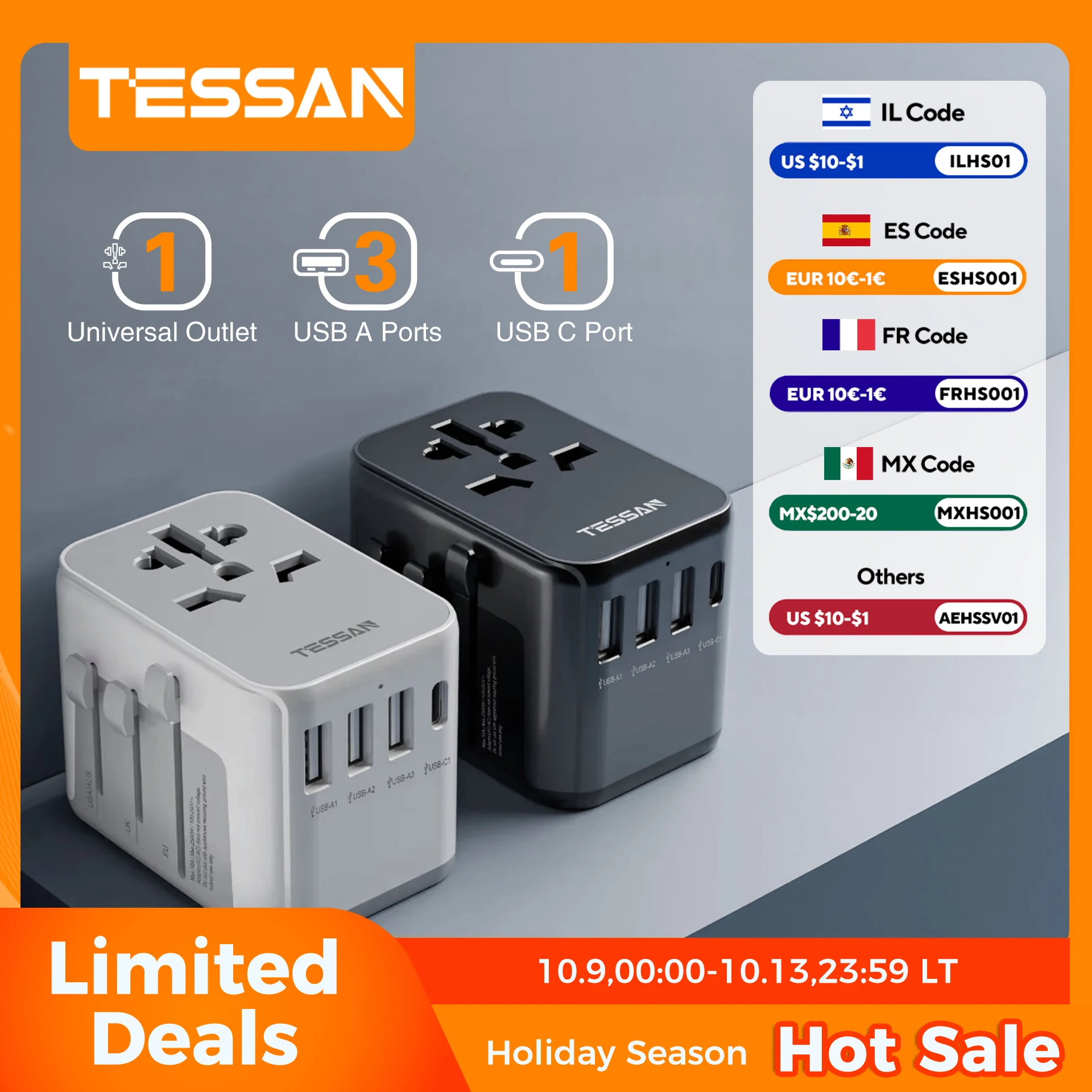 Adaptador de viaje universal TESSAN con puerto USB y tipo C, adaptador de corriente mundial Enchufe UE/REINO UNIDO/EE. UU./AUS para viajes internacionales