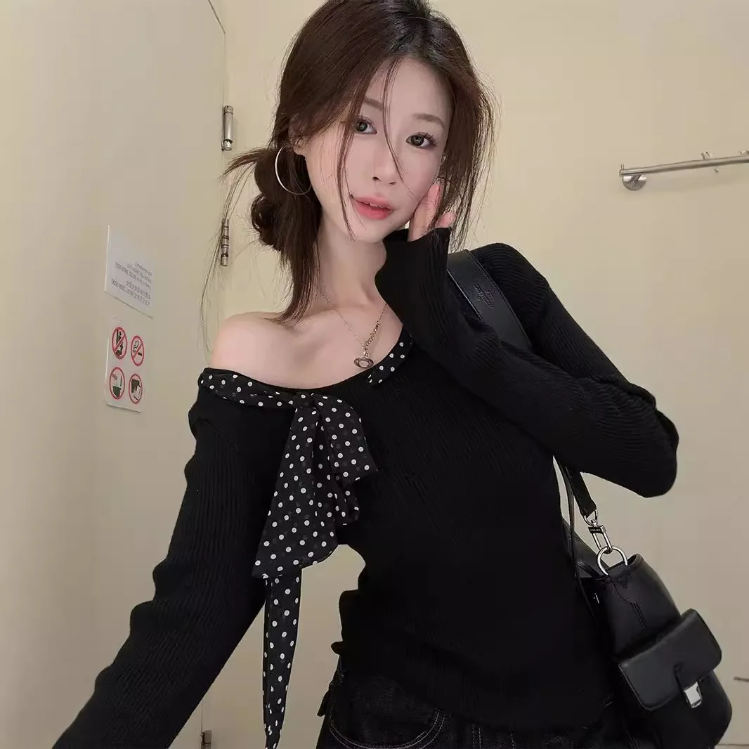 High Quality Hot Selling Wholesale Polka Dot Ribbon T-shirt Long Sleeved Diagonal Shoulder Base Shirt Slim Fit Off Shoulder Top