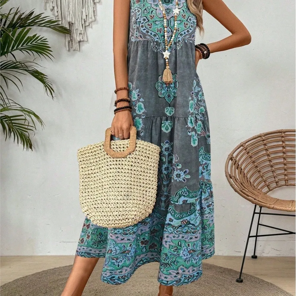 2025년 유행 보헤미안 슬리브리스 V넥 플로럴 프린트 드레스 우아한 여름 휴가 선드레스