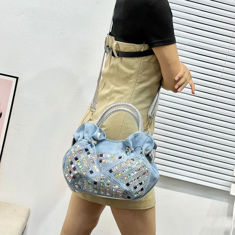 

Women Shoulder Bags Diamond Studded Jeans Buckle Purse Versatile Denim Vintage Crossbody Bag Harajuku Pleated Zipper Handbags