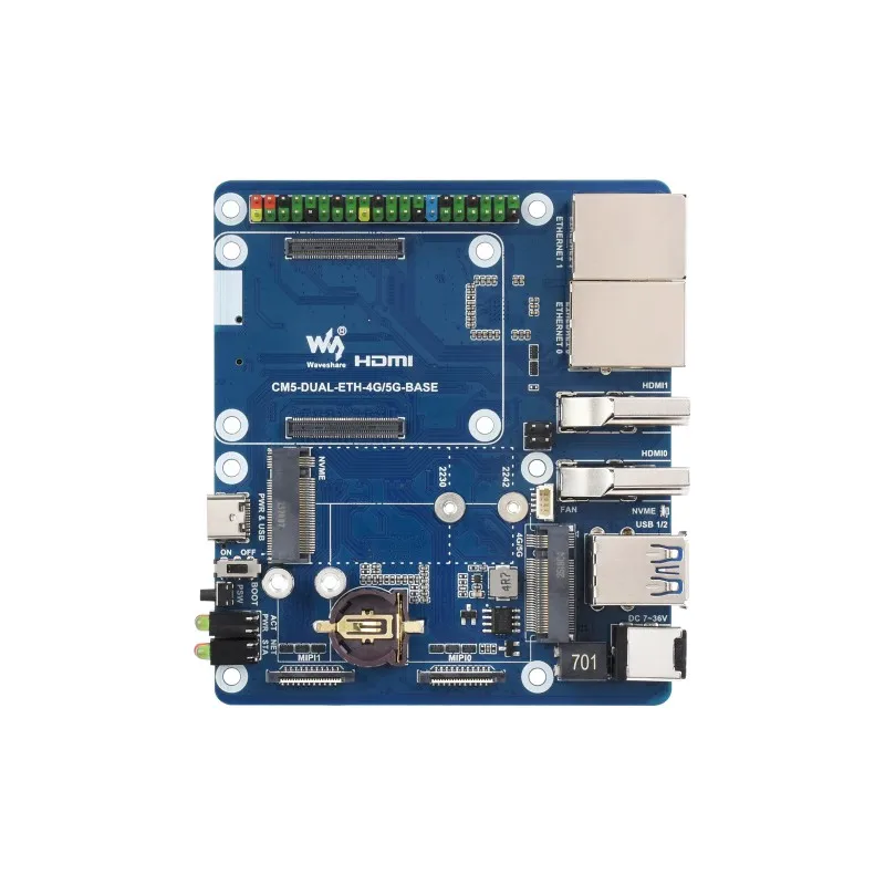 Dual Ethernet Base Board For Raspberry Pi CM5, Supports 4G / 5G Module, Dual 4K Display Outputs And Dual MIPI Interfaces