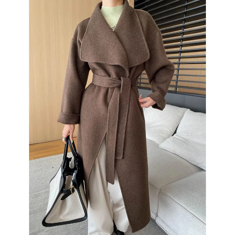 2024 Women Autumn Coats Wdie Laple Collar Design Long Woolen Coat With Belt Open Stitch Wool Coat Veste Femme Tops