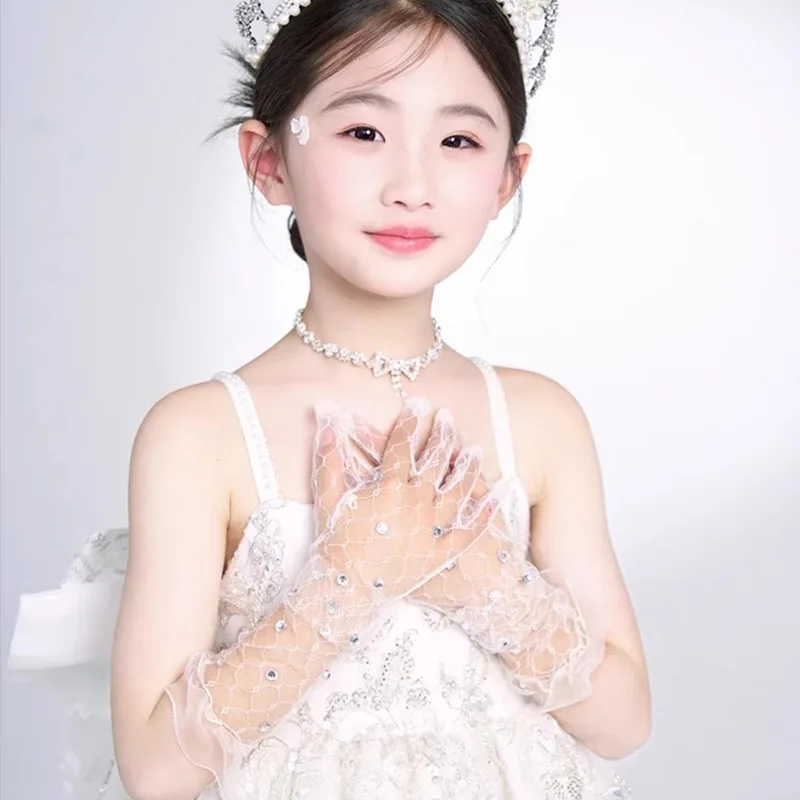Kids Lace Gloves Princess Flower Girl Rhinestone Wedding Holiday Party Stage Performance Child Size Soft Light Multi Color Gift