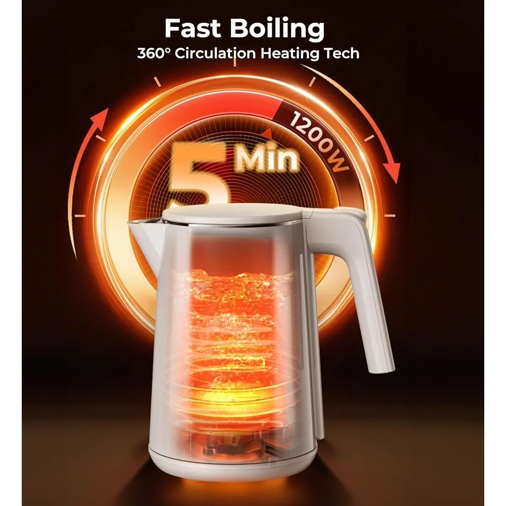 غلاية كهربائية 1 لتر سريعة الغليان 1200 وات إيقاف تلقائي للحماية الجافة من الغليان 7 إعدادات لدرجة الحرارة إبريق شاي من الفولاذ المقاوم للصدأ لاسلكي