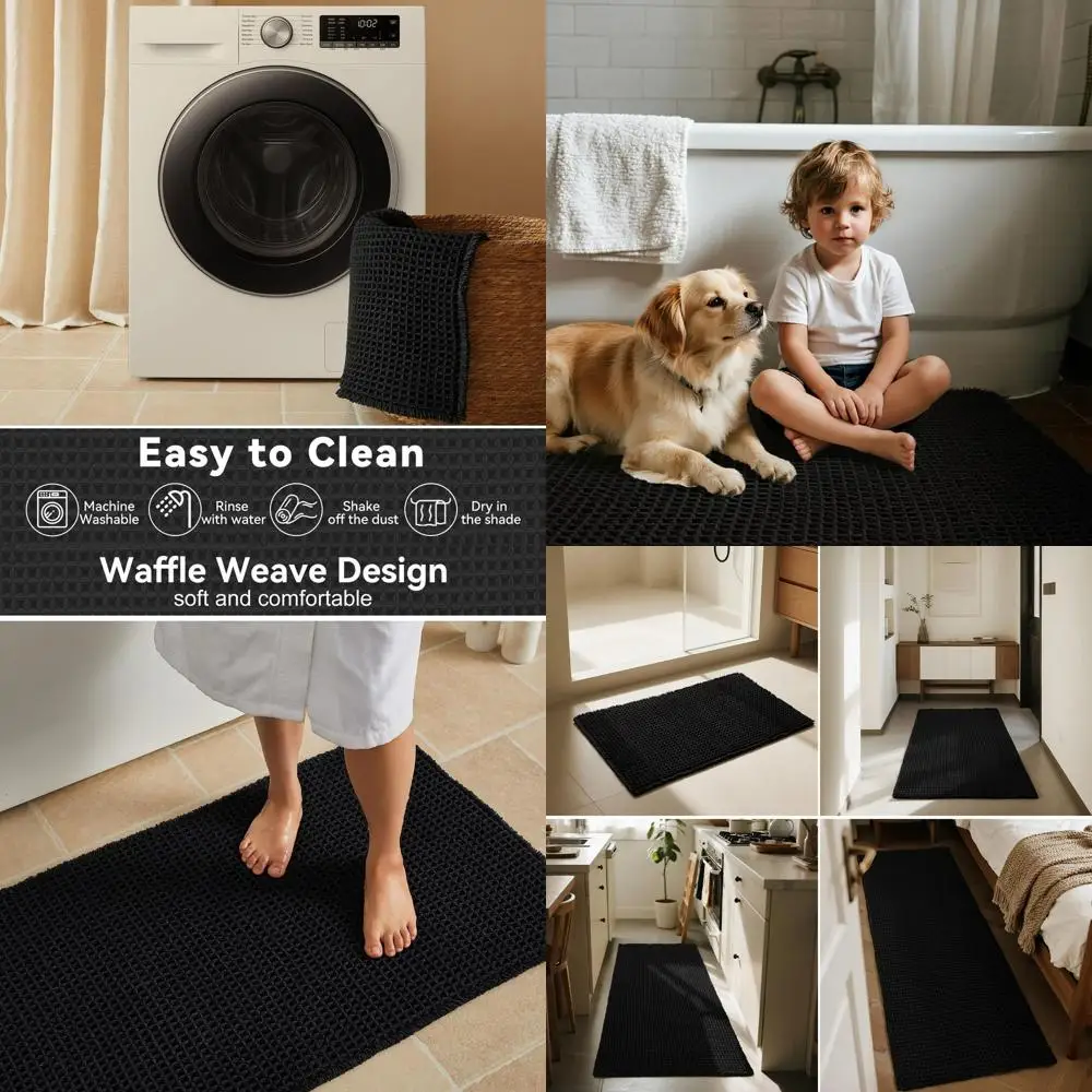 

Black 24x72 Waffle Runner Rug - Non-Slip, Soft, Absorbent, Quick-Dry Bath Mat for Farmhouse Style Bathroom