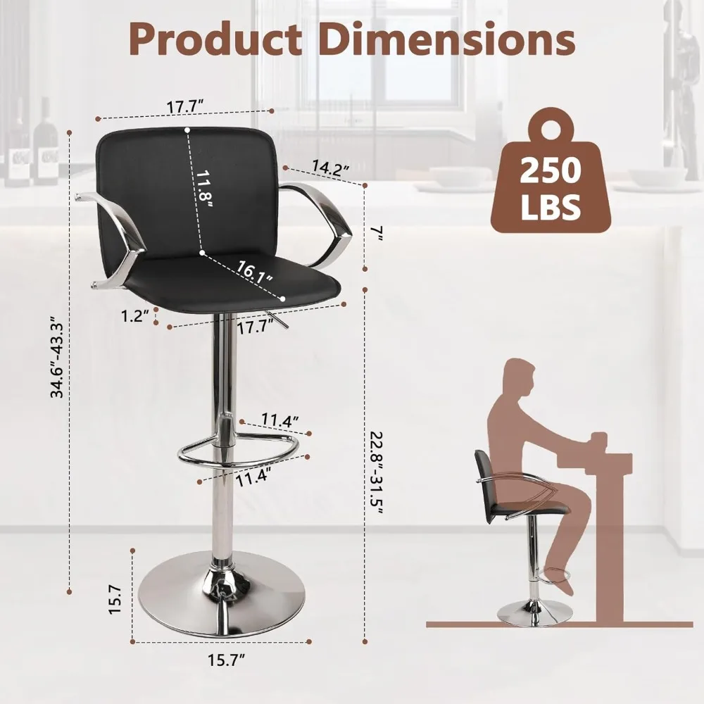 Taburete de bar Juego de 2 taburetes de mostrador de altura ajustable Sillas de bar con reposabrazos, respaldo ergonómico y reposapiés, giratorio de 360 grados