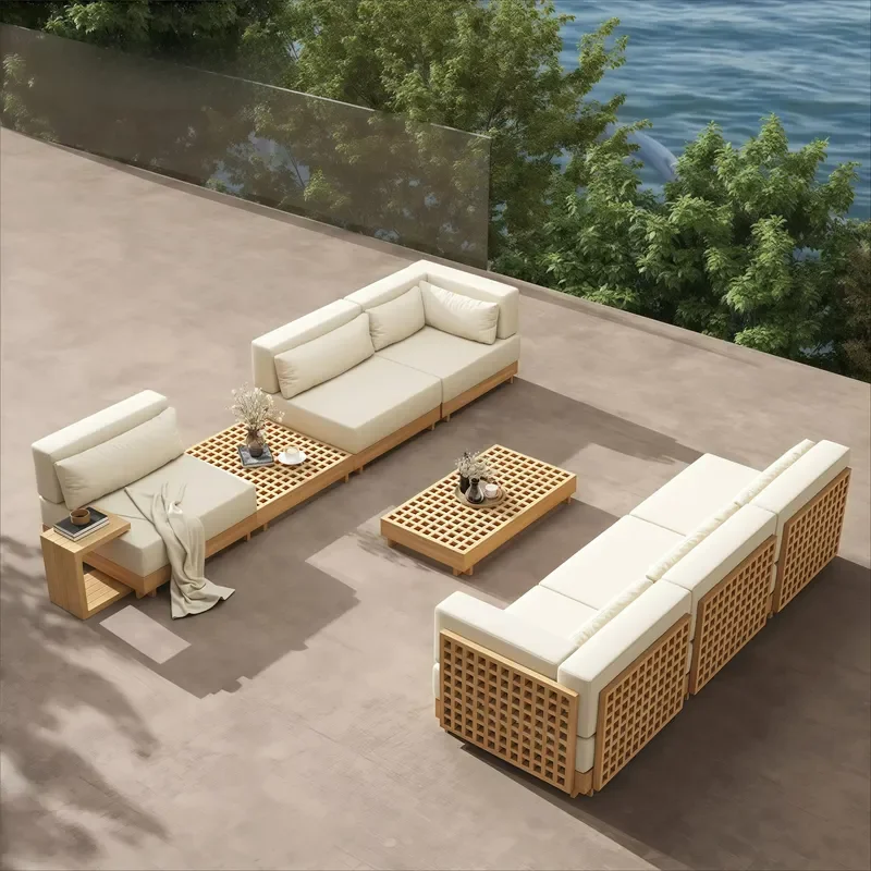 Outdoor Teak Sofa Set Rainproof & Sunproof Modern Design High-Density Foam Cushions for Villas & Hotels