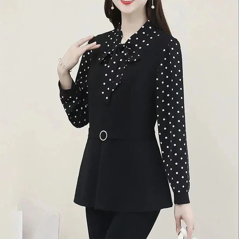 Autumn Winter Women\'s Fack Two Piece Print Pactchwork Bow Shirt Female Elegant Fashion Long Sleeve Blouse Office Lady Blusa Top