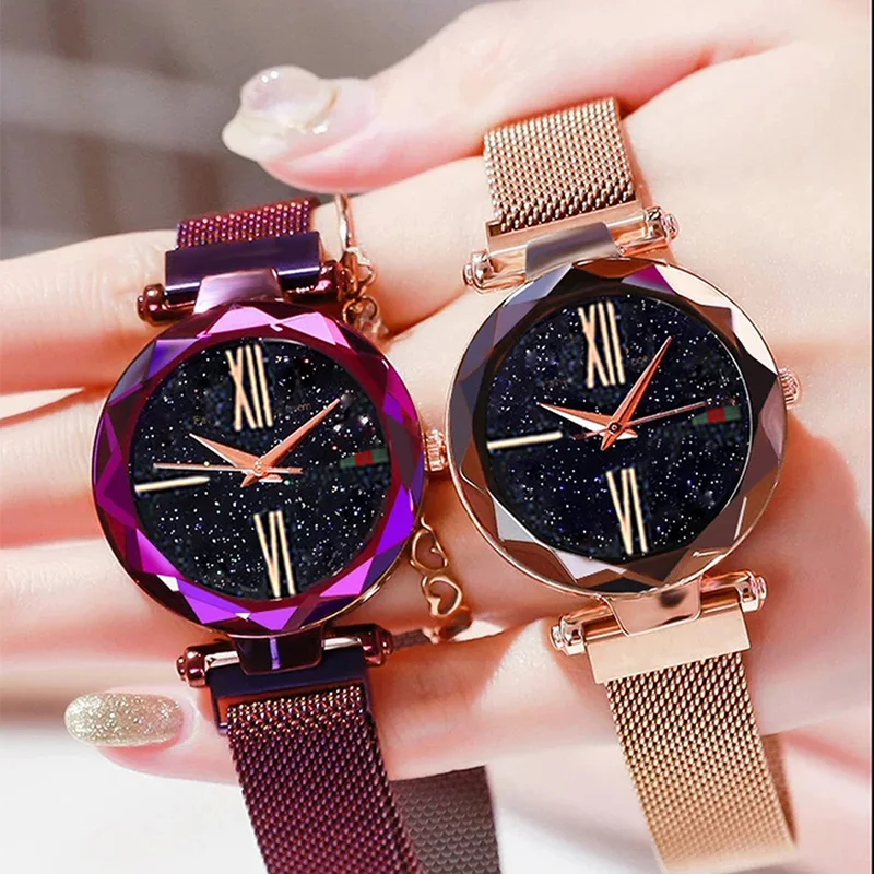 Montres de luxe en or rose pour femmes, minimaliste, ciel étoilé, aimant, mode décontractée, montre-bracelet féminine, étanche, chiffre romain