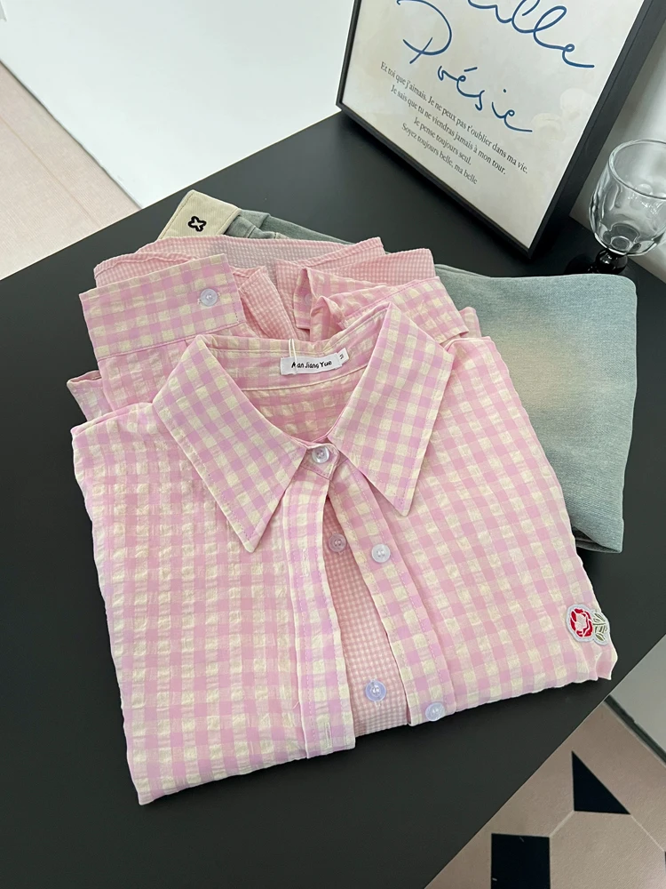 Sweet Pink Plaid irt Women's Casual Spring Autumn New Sle Small Size Top Coat Korean Version Loose Fit Button Detail
